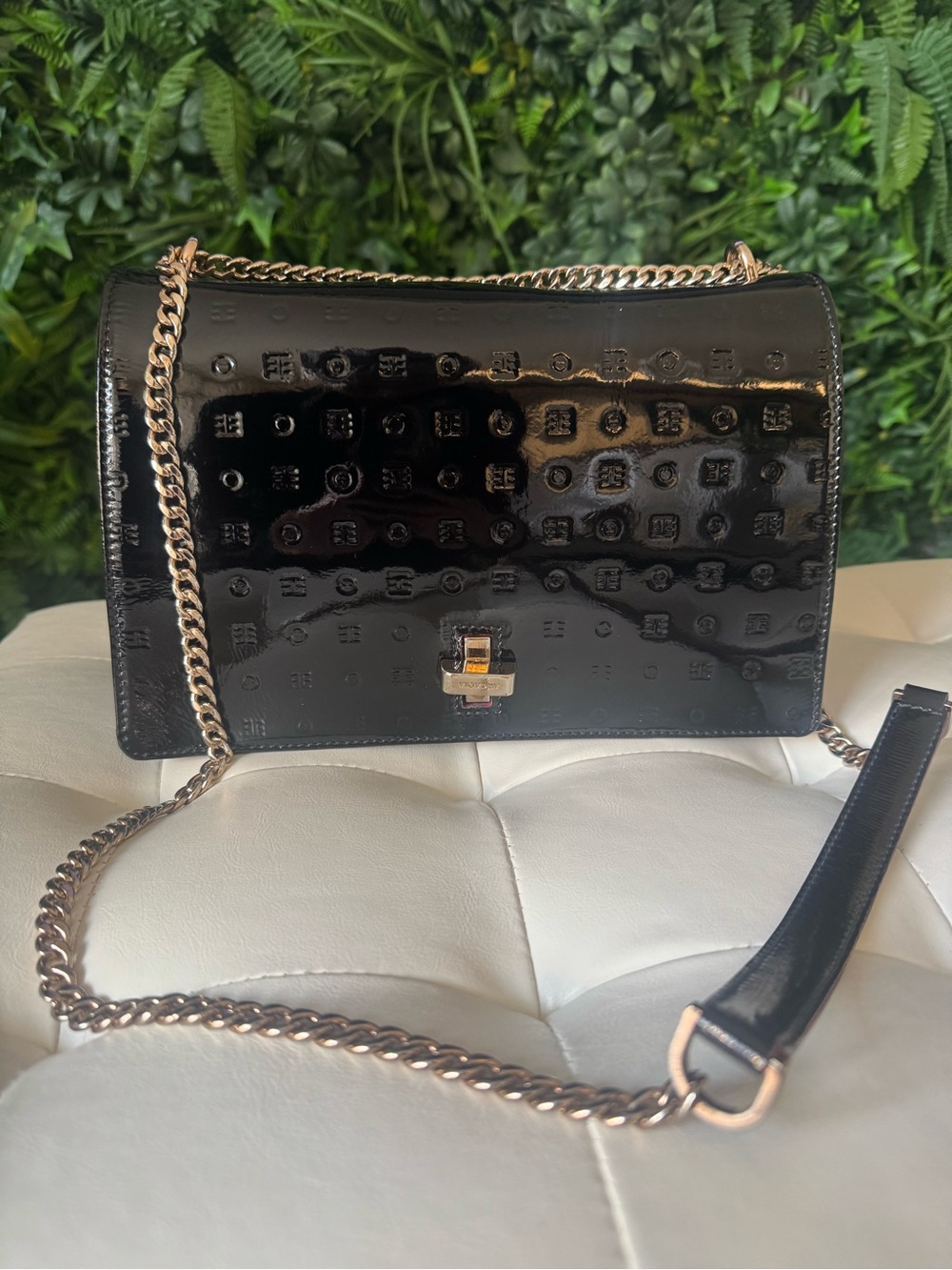 Arcadia Black Patent Crossbody with Gold Chain